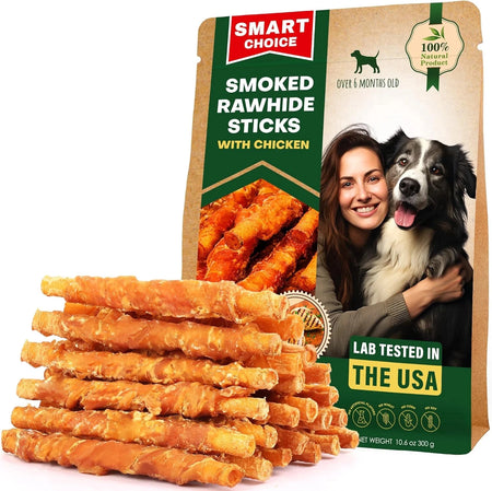 Golosinas Para Perros Palitos De Cuero Crudo Envueltos Con Pollo 11 Oz Golosinas Masticables Naturales Para Mascotas - Carne Sin Granos Y Snacks Secos De Grado Humano - Mejores Para Perros Pequeños Y Grandes (10.6 Oz (Paquete De 1), Pollo Ahumado)
