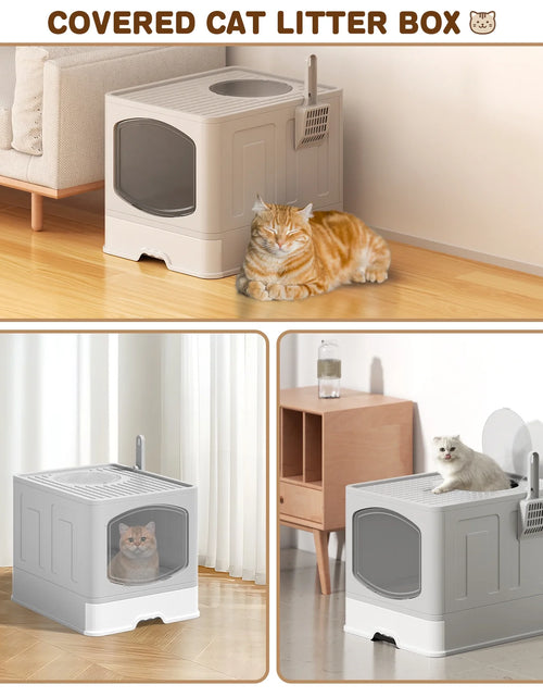Load image into Gallery viewer, Large Foldable Cat Litter Box with Scoop, Front Entry Top Exit Cat Litter Pan with Lid, Enclosed Anti-Splashing Kitty Litter Box, Drawer Type Cat Litter Easy Cleaning and Scoop, Gray
