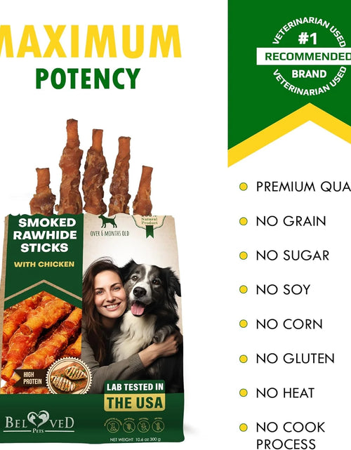 Load image into Gallery viewer, Golosinas Para Perros Palitos De Cuero Crudo Envueltos Con Pollo 11 Oz Golosinas Masticables Naturales Para Mascotas - Carne Sin Granos Y Snacks Secos De Grado Humano - Mejores Para Perros Pequeños Y Grandes (10.6 Oz (Paquete De 1), Pollo Ahumado)
