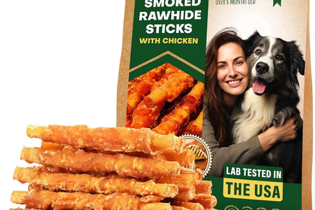 Golosinas Para Perros Palitos De Cuero Crudo Envueltos Con Pollo 11 Oz Golosinas Masticables Naturales Para Mascotas - Carne Sin Granos Y Snacks Secos De Grado Humano - Mejores Para Perros Pequeños Y Grandes (10.6 Oz (Paquete De 1), Pollo Ahumado)