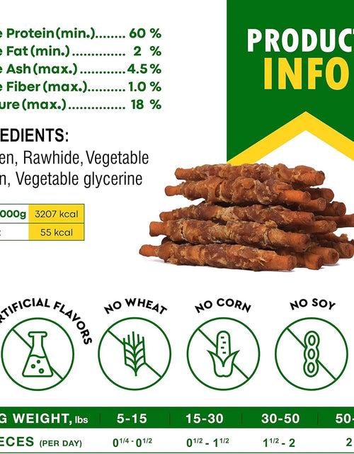 Load image into Gallery viewer, Golosinas Para Perros Palitos De Cuero Crudo Envueltos Con Pollo 11 Oz Golosinas Masticables Naturales Para Mascotas - Carne Sin Granos Y Snacks Secos De Grado Humano - Mejores Para Perros Pequeños Y Grandes (10.6 Oz (Paquete De 1), Pollo Ahumado)
