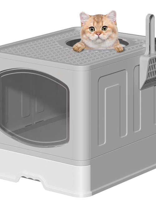 Load image into Gallery viewer, Large Foldable Cat Litter Box with Scoop, Front Entry Top Exit Cat Litter Pan with Lid, Enclosed Anti-Splashing Kitty Litter Box, Drawer Type Cat Litter Easy Cleaning and Scoop, Gray

