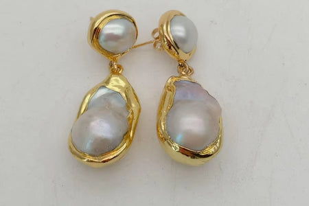 White Keshi Pearl Gold Color Plated Stud Earrings Nucleated Flameball Baroque Pearl Earrings Luxury Wedding for Women