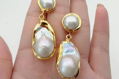 White Keshi Pearl Gold Color Plated Stud Earrings Nucleated Flameball Baroque Pearl Earrings Luxury Wedding for Women